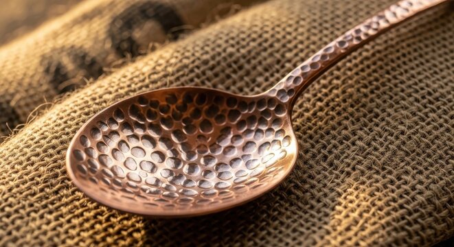 Detailed view of a hammered copper tablespoon with intricate surface texture resting on a woven burlap fabric
