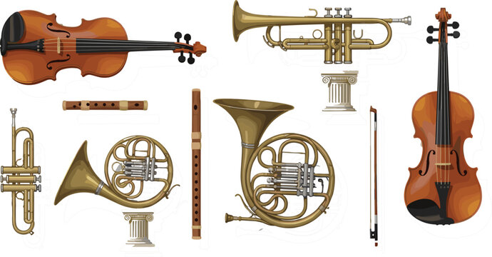 Classical Orchestral Instrument Collection Set with Violins, Trumpets, French Horn, and Flute for Music and Concert Themed DesignsClassical Orchestral Instrument Collection Set with Violins, 