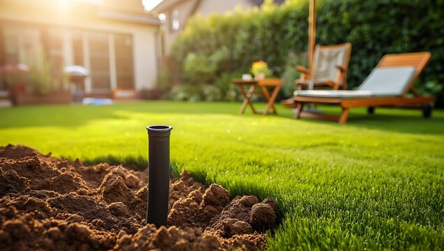 Technician repairing underground irrigation system in backyard garden during spring, digging soil and fixing sprinkler pipes under bright sunlight, showcasing landscaping maintenance and outdoor work.