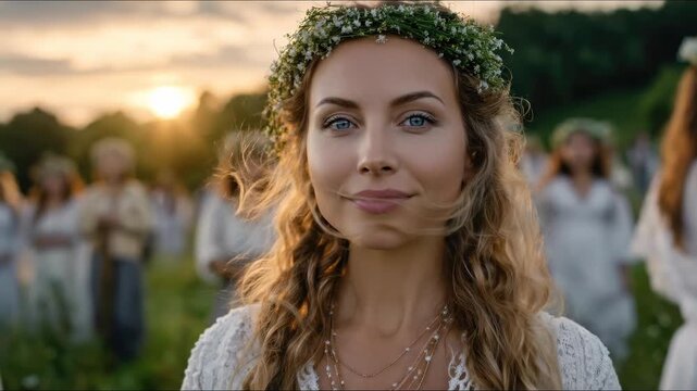 Traditional Slavic woman, adorned with authentic flower wreath, celebrating ancient culture, cherished summer solstice ritual, folk clothing in a golden sunset