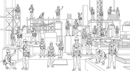 Obraz premium Sketch of a bustling city street scene with many people.