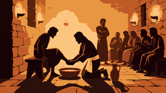 Meaningful biblical vector illustration displaying Jesus Christ humbly washing the feet of his loyal disciples inside an ancient stone room illuminated by warm glowing candlelight 
