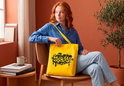 Tote bag mockup held by woman sitting indoor scene