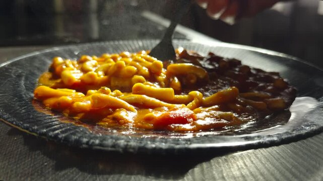 Macaroni Pasta In Tomato Sauce. Authentic Mediterranean Cuisine. Steaming Italian Delicious Macaroni 