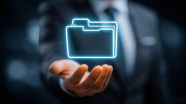 Glowing digital folder representing secure file management cloud storage and modern business document organization technology