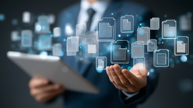 Digital document management interface representing modern business workflow data organization and cloud based archive technology concept