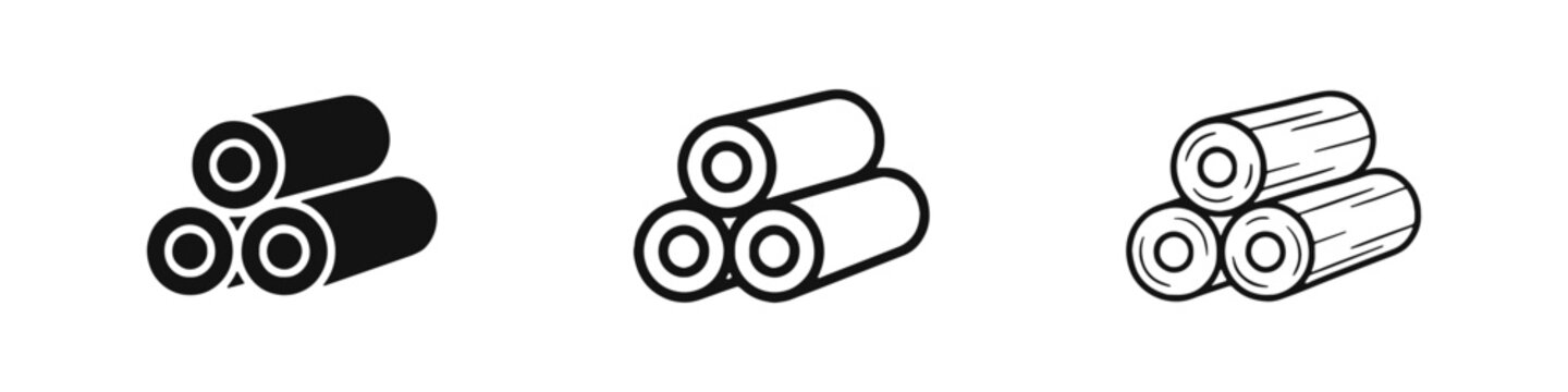 Stacked Wood Logs Icon Set in Solid, Outline, and Hand-Drawn Styles
