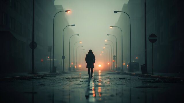 A solitary figure walks down a dimly lit, rain-slicked street lined with streetlights, evoking a sense of mystery and urban isolation