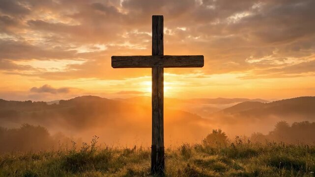 A simple wooden cross standing on a hill against a dramatic yellow-orange sunrise, traditional Easter resurrection scene with glowing sacred stillness, ultra-realistic, no logos.