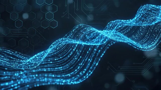 Blue abstract particles moving in organic fluid motion, dynamic abstract technology background with luminous motion and premium commercial appeal, balanced composition, realistic lighting, crisp