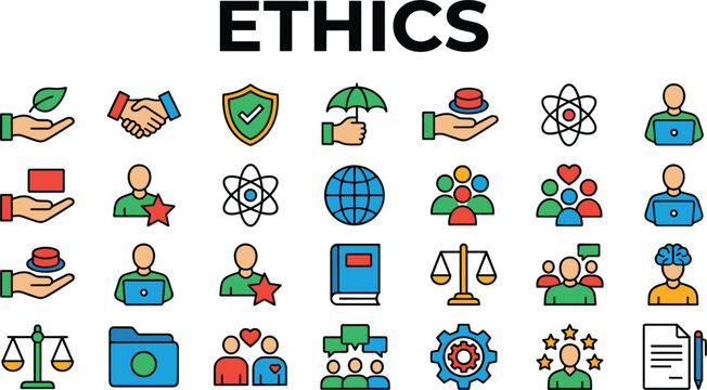 Ethics concept with diverse icons representing integrity responsibility teamwork law science fairness and moral values in modern society