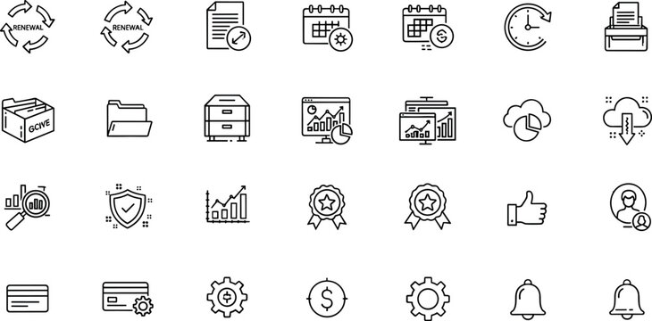 Business workflow renewal analytics calendar document management approval notification outline vector icon set