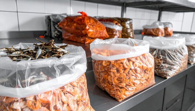 Bulk dried shrimp and small anchovies packed in clear plastic bags stored on metal shelves in a commercial food storage area.