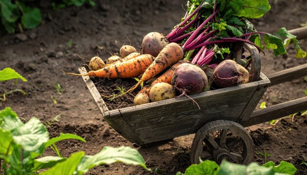 Fresh root vegetables including carrots beets and potatoes harvested into a rustic wooden wheelbarrow sitting in a garden soil field on a sunny day.