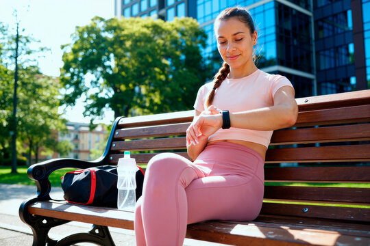 Young woman checking smartwatch while resting after workout on park bench, tracking fitness progress and healthy routine. Useful for wellness app, sports marketing