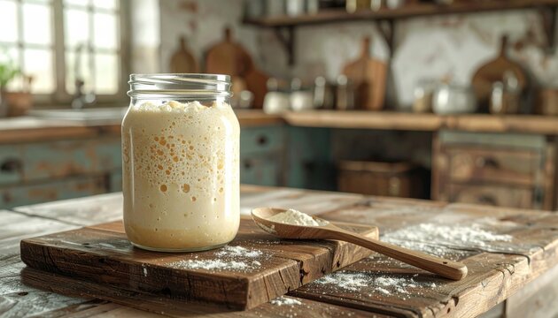 Active sourdough starter fermenting in a glass jar with a wooden spoon on a rustic kitchen table, showing the bubbly texture of natural leaven used for artisanal bread baking at home.
