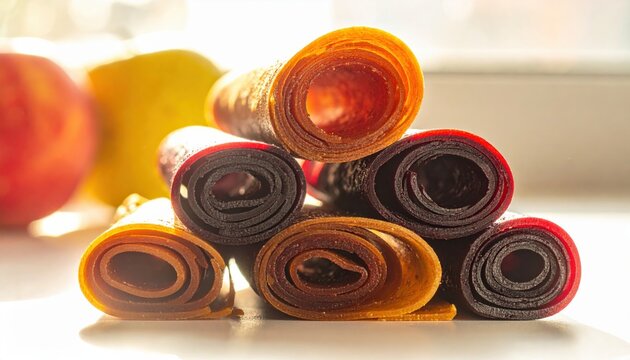 A stack of tightly rolled homemade apple and plum fruit leathers arranged together on a light surface.