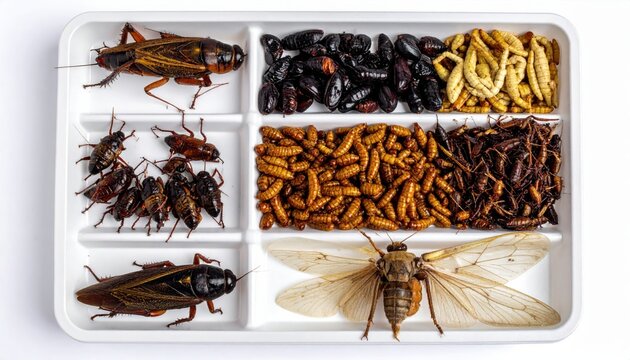 A white tray filled with various edible insects including crickets and mealworms, representing a modern approach to sustainable nutrition and alternative protein sources for global diets.