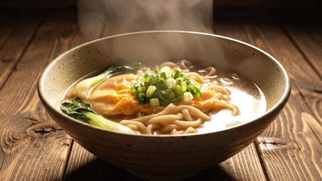A steaming bowl of delicious ramen noodles with bok choy and green onions, presented on a rustic wooden table.