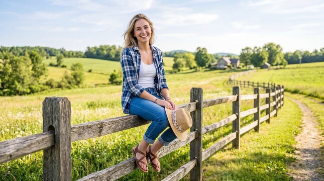 Smiling Woman Sitting on a Rustic Wooden Fence in a Picturesque Rural Landscape.