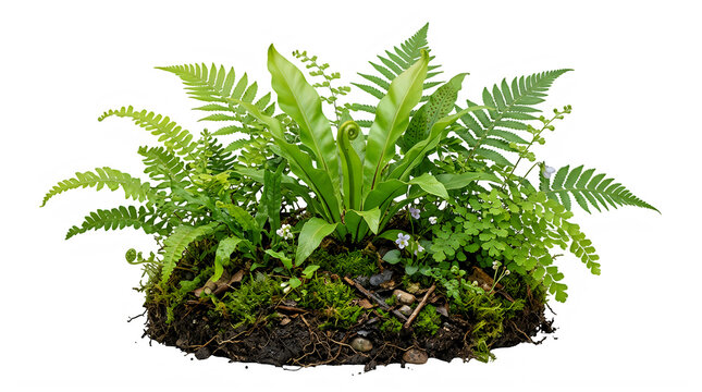Lush green ferns and small white wildflowers growing on mossy soil isolated on a transparent background