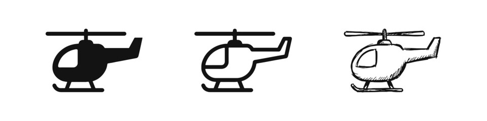Helicopter icons in flat, line, and hand-drawn doodle styles for travel and aviation design. © drawing lines