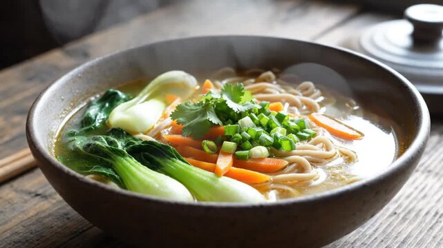 A steaming bowl of delicious noodle soup with bok choy, carrots, and green onions, garnished with fresh cilantro.