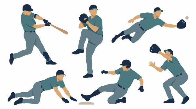 Flat Design Illustrations of Baseball Players in Various Actions