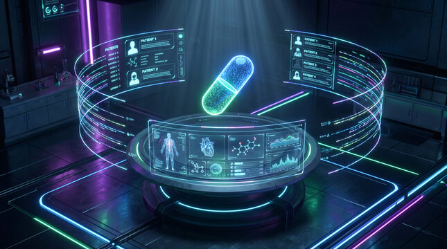 Futuristic lab capsule rises in neon lit room with people