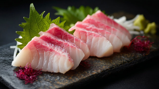 Assortment of sliced raw fish, likely hamachi or yellowtail sashimi, served