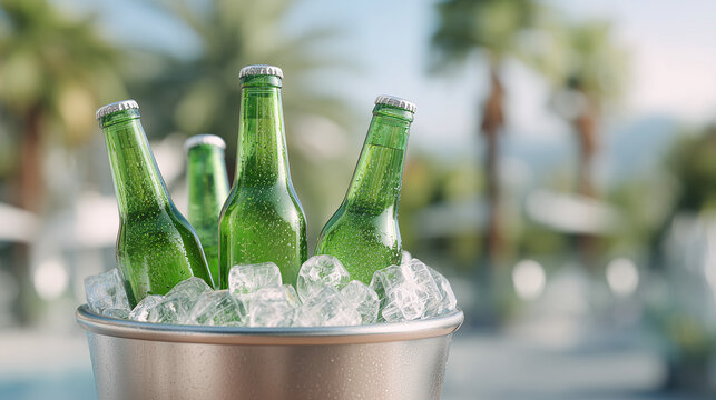 Green glass beer bottles in stainless steel ice bucket. Cold frosty beverage in bucket with ice cubes. Refreshing alcoholic drink for summer party and vacation at resort pool.