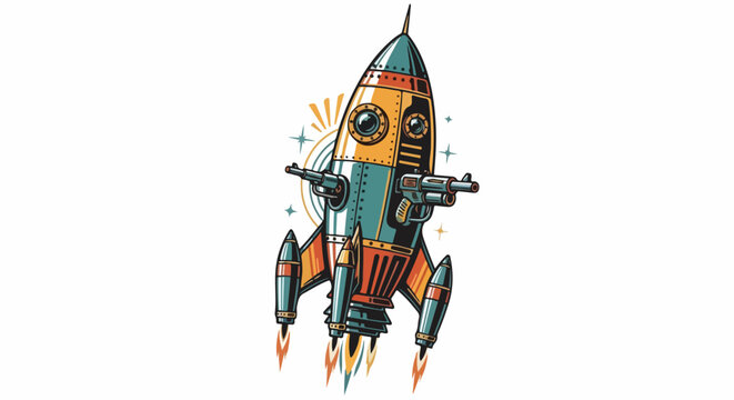 Colorful Cartoon Rocket Ship Launching into Space.