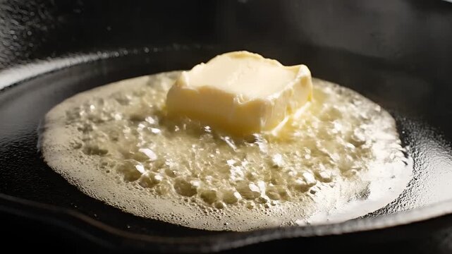 Butter Melting in a Hot Pan Close Up Shot.