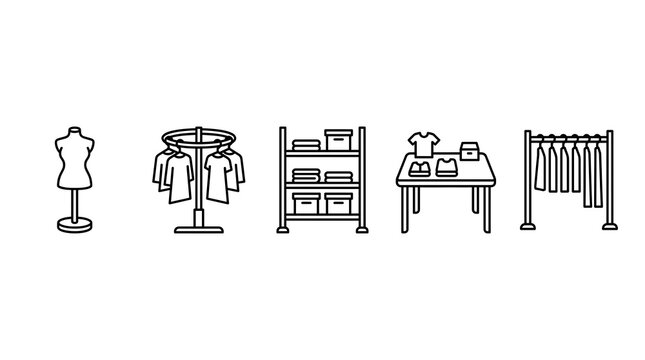 Clothing store display icons: mannequin, rack, shelves, table, and rail