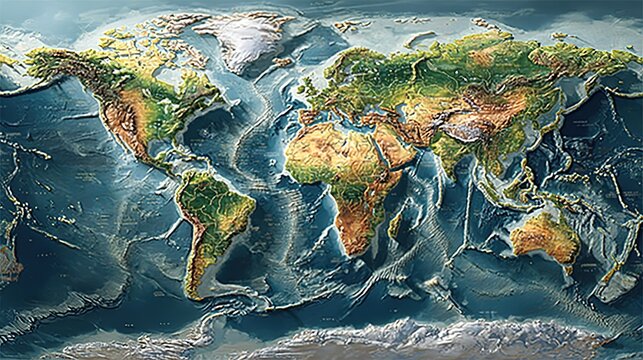 3D Relief World Map with Detailed Topographic Terrain, Ocean Floor Contours and Polar Ice Caps, Ideal for Educational Resources, Wall Decor, Corporate Presentations and Geographic Visualizations