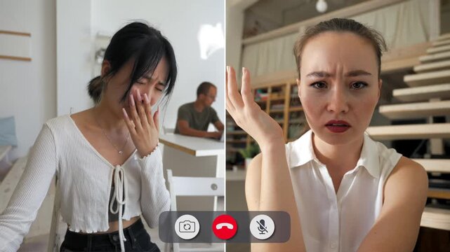 Students talk over an online call where one shows confusion while another appears sad. Their expressions change during the conversation about school challenges.
