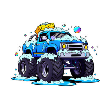 Cartoon monster truck being washed with soap suds vector illustration
