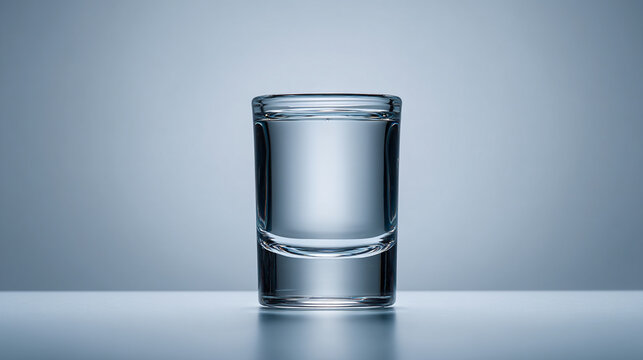 A clear shot glass filled with clear liquid, possibly vodka or water, alcoholic bever