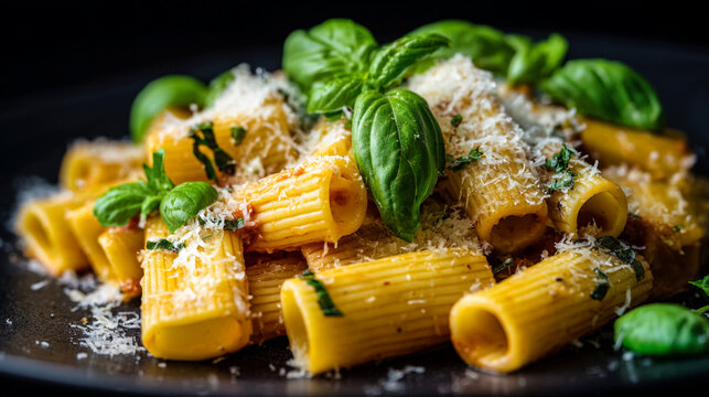 Delicious rigatoni pasta dish with rich tomato sauce and fresh basil, italian cuisine