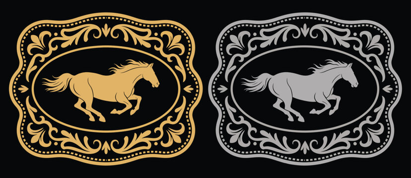 Horse label belt buckle wild western rodeo ranch cowboy style tag design gold and silver stylized silhouette vector design, detailed western badge with metallic look, antique rodeo inspired insignia 