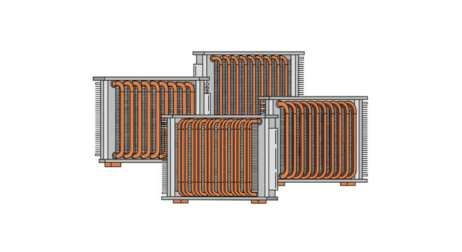 Copper piping heating coils layered in an overlapping cluster arrangement with thin aluminum cooling fins set against a high key white background with muted tones.