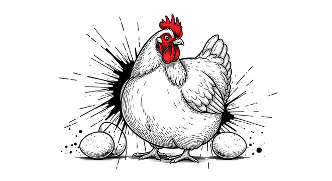angry chicken standing with eggs isolated on transparent background