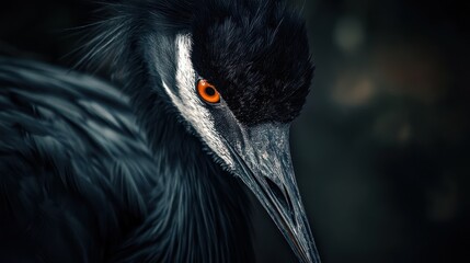 Fototapeta premium Close-up crane portrait in dark environment. Possible use Nature photography