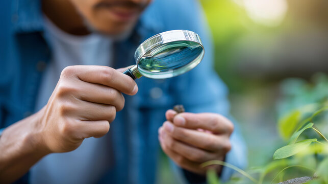 Close-up of a man's hands holding a magnifying glass up to a small object in curiosity, collector hobby concept, detail observation, discovery activity, defocused background, with