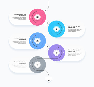 Vertical process diagram with five steps and a place for your text. Flat template with colorful circles and curved thin line for website or data presentation.