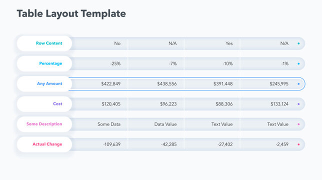 Minimalist and modern table layout with six rows and highlighting a selected row. Presentation template for clear and effective data visualization.