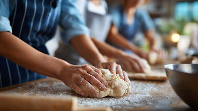 Close-up of hands kneading dough at a group baking workshop with aprons visible, culinary hobby concept, bread making class, teamwork in kitchen, defocused background, with copy
