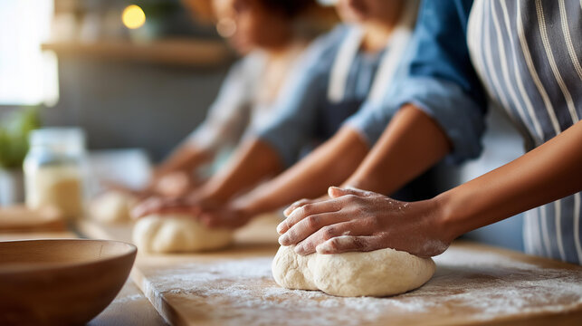 Close-up of hands kneading dough at a group baking workshop with aprons visible, culinary hobby concept, bread making class, teamwork in kitchen, defocused background, with copy