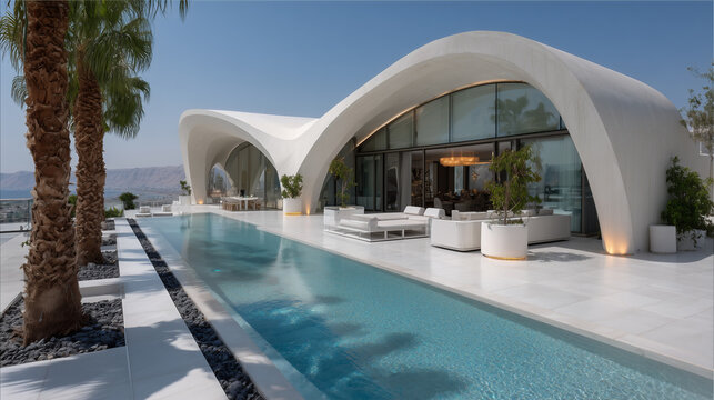 modern luxury seafront villa with infinity pool, contemporary coastal mansion with glass design and ocean views, hightech seaside house with pool and panoramic sunset horizon