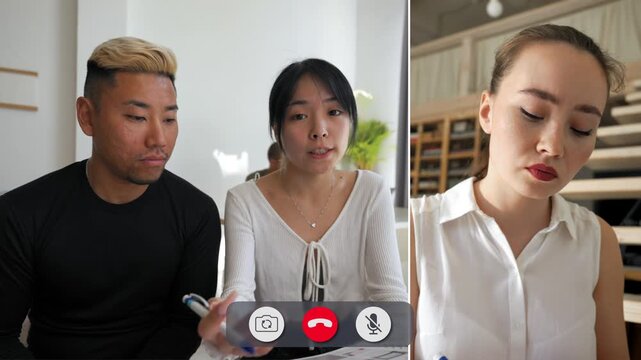 Students talk about their school tasks during an online call. They express different feelings as they communicate and share ideas with each other.